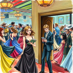 A drawing depicting a vibrant ballroom scene filled with motion and color, featuring swirling skirts and embroidered jackets of elegantly dressed dancers, accompanied by musicians playing lively tunes