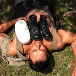 A man lying on the ground in a dramatic pose, wearing a distressed outfit, with a white weight resting heavily on his torso