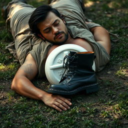 A man lying on the ground in a dramatic pose, wearing a distressed outfit, with a white weight resting heavily on his torso