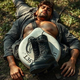 A man lying on the ground in a dramatic pose, wearing a distressed outfit, with a white weight resting heavily on his torso
