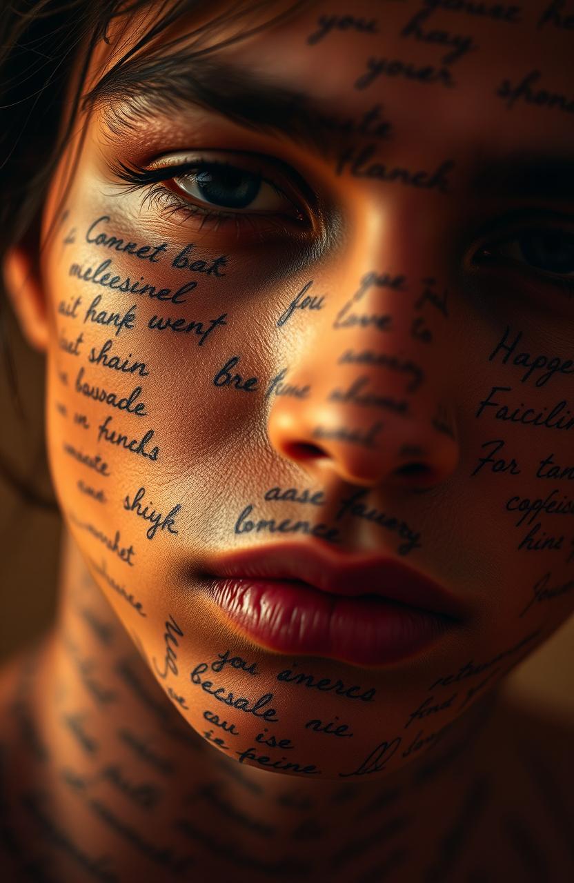 A close-up of a person's face with intricate and artistic handwriting written all over their skin, the letters swirling and forming poetic phrases