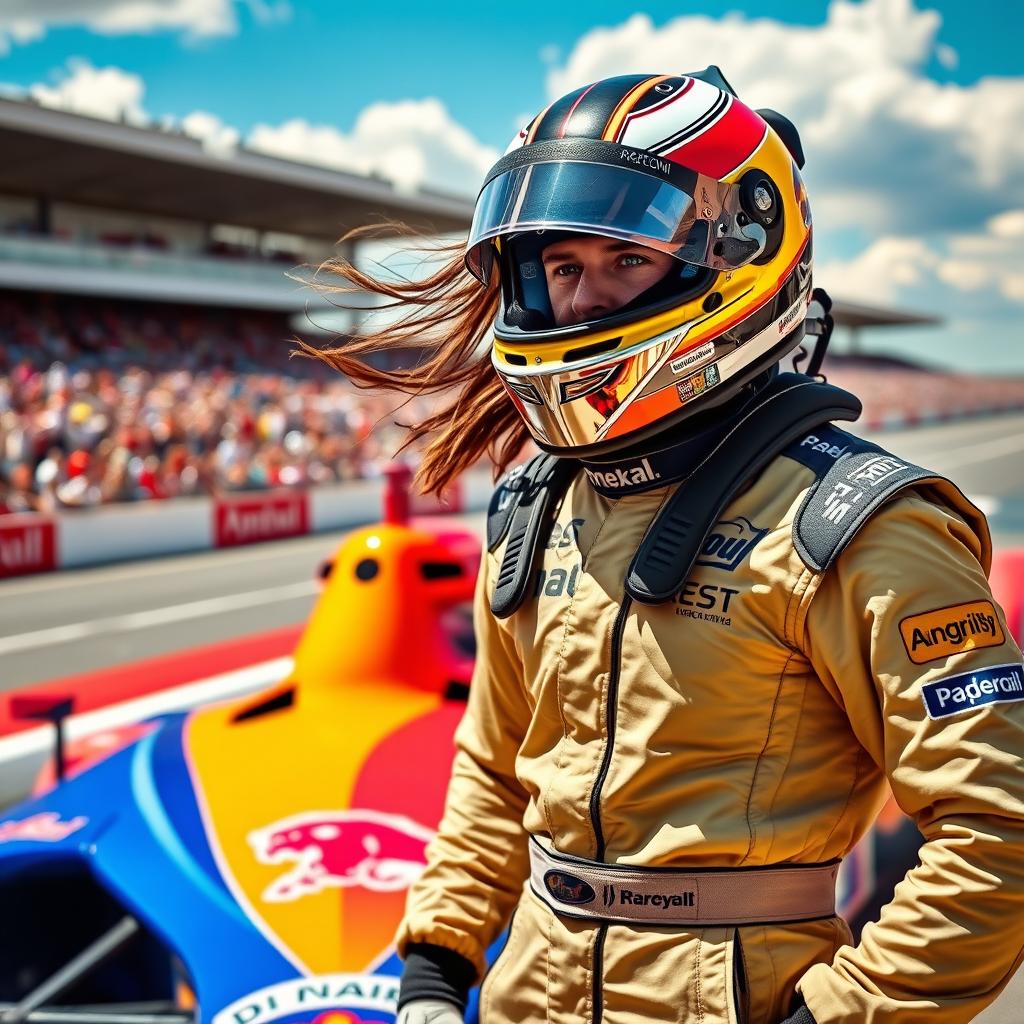 A dynamic and powerful image of a professional race car driver wearing a gleaming helmet and a sleek racing suit, standing next to a high-speed racing car with vibrant colors