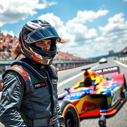 A dynamic and powerful image of a professional race car driver wearing a gleaming helmet and a sleek racing suit, standing next to a high-speed racing car with vibrant colors