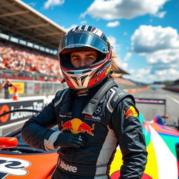 A dynamic and powerful image of a professional race car driver wearing a gleaming helmet and a sleek racing suit, standing next to a high-speed racing car with vibrant colors