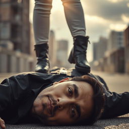 A scene depicting a man lying on the ground with a neutral expression