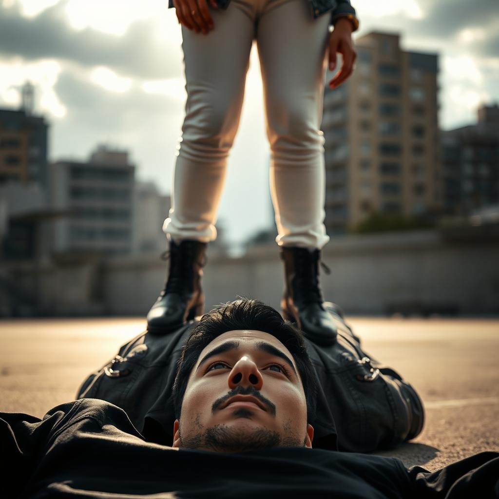 A scene depicting a man lying on the ground with a neutral expression