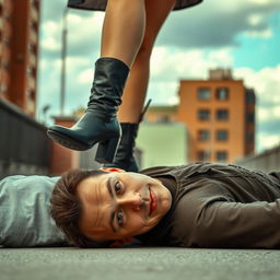 A scene depicting a man lying on the ground with a neutral expression