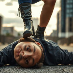 A scene depicting a man lying on the ground with a neutral expression