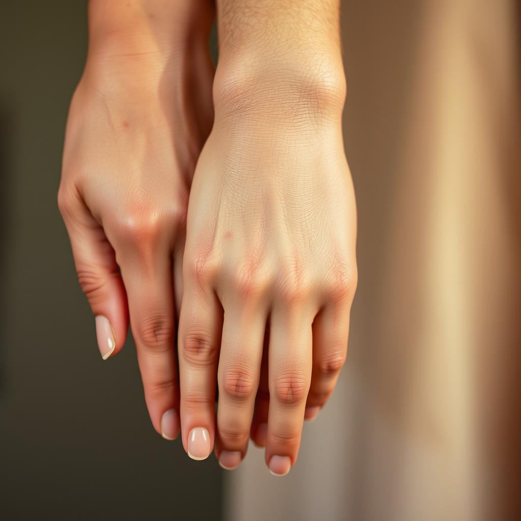 A close-up image of two hands joined side by side, showing intricate details of their skin texture and varying shades