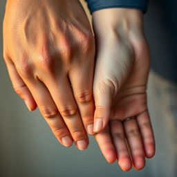 A close-up image of two hands joined side by side, showing intricate details of their skin texture and varying shades