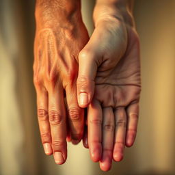 A close-up image of two hands joined side by side, showing intricate details of their skin texture and varying shades