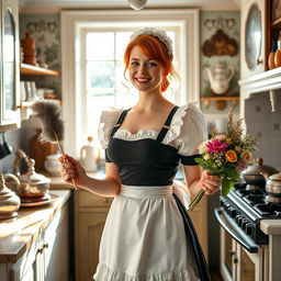A charming ginger-haired maid wearing a classic black and white maid outfit, with a frilly apron