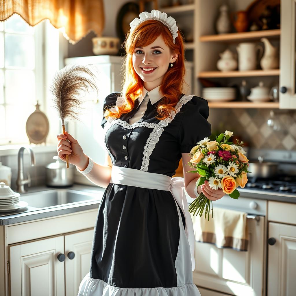 A charming ginger-haired maid wearing a classic black and white maid outfit, with a frilly apron