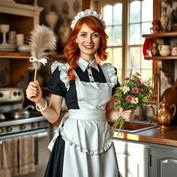 A charming ginger-haired maid wearing a classic black and white maid outfit, with a frilly apron