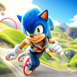 Imagine Sonic the Hedgehog as a human character, featuring vibrant blue hair styled in a spiky manner, wearing stylish athletic wear that resembles his original design