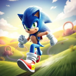 Imagine Sonic the Hedgehog as a human character, featuring vibrant blue hair styled in a spiky manner, wearing stylish athletic wear that resembles his original design