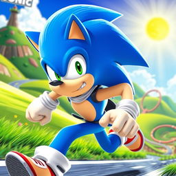Imagine Sonic the Hedgehog as a human character, featuring vibrant blue hair styled in a spiky manner, wearing stylish athletic wear that resembles his original design
