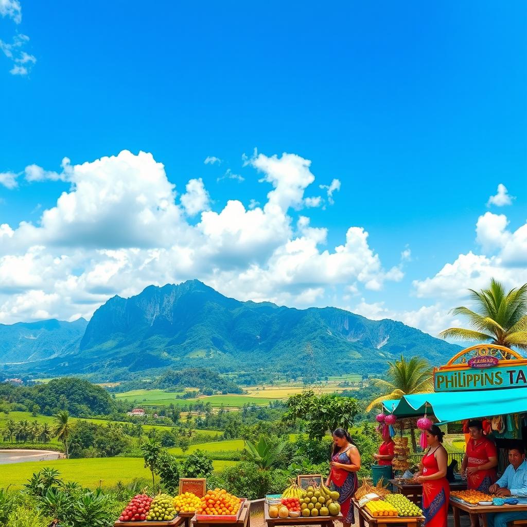 A beautiful landscape depicting the Philippines, showcasing its stunning natural beauty including rugged mountains, lush green fields, and pristine beaches