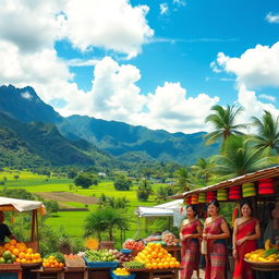 A beautiful landscape depicting the Philippines, showcasing its stunning natural beauty including rugged mountains, lush green fields, and pristine beaches