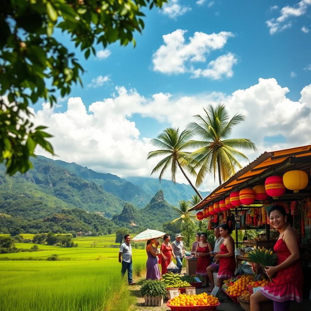 A beautiful landscape depicting the Philippines, showcasing its stunning natural beauty including rugged mountains, lush green fields, and pristine beaches