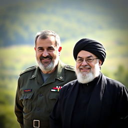 A scene depicting Qasem Soleimani and Hassan Nasrallah, both standing together with warm smiles
