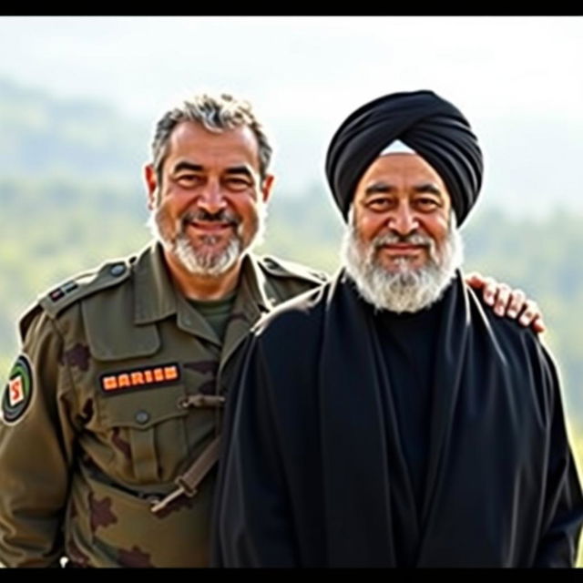 A scene depicting Qasem Soleimani and Hassan Nasrallah, both standing together with warm smiles