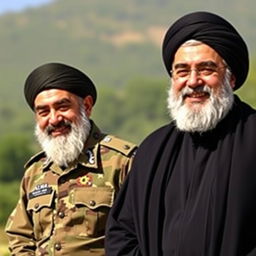 A scene depicting Qasem Soleimani and Hassan Nasrallah, both standing together with warm smiles