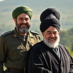 A scene depicting Qasem Soleimani and Hassan Nasrallah, both standing together with warm smiles