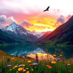A breathtaking landscape featuring a majestic mountain range covered with snow, vibrant green valleys, and a crystal clear lake reflecting the mountains