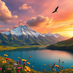A breathtaking landscape featuring a majestic mountain range covered with snow, vibrant green valleys, and a crystal clear lake reflecting the mountains