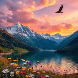 A breathtaking landscape featuring a majestic mountain range covered with snow, vibrant green valleys, and a crystal clear lake reflecting the mountains