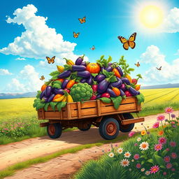A whimsical scene featuring a vibrant, colorful truck overflowing with an abundance of fresh vegetables, particularly eggplants (known as نعیمه in Persian), set against a sunny rural landscape
