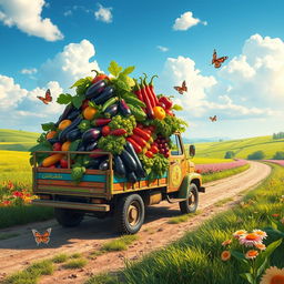 A whimsical scene featuring a vibrant, colorful truck overflowing with an abundance of fresh vegetables, particularly eggplants (known as نعیمه in Persian), set against a sunny rural landscape