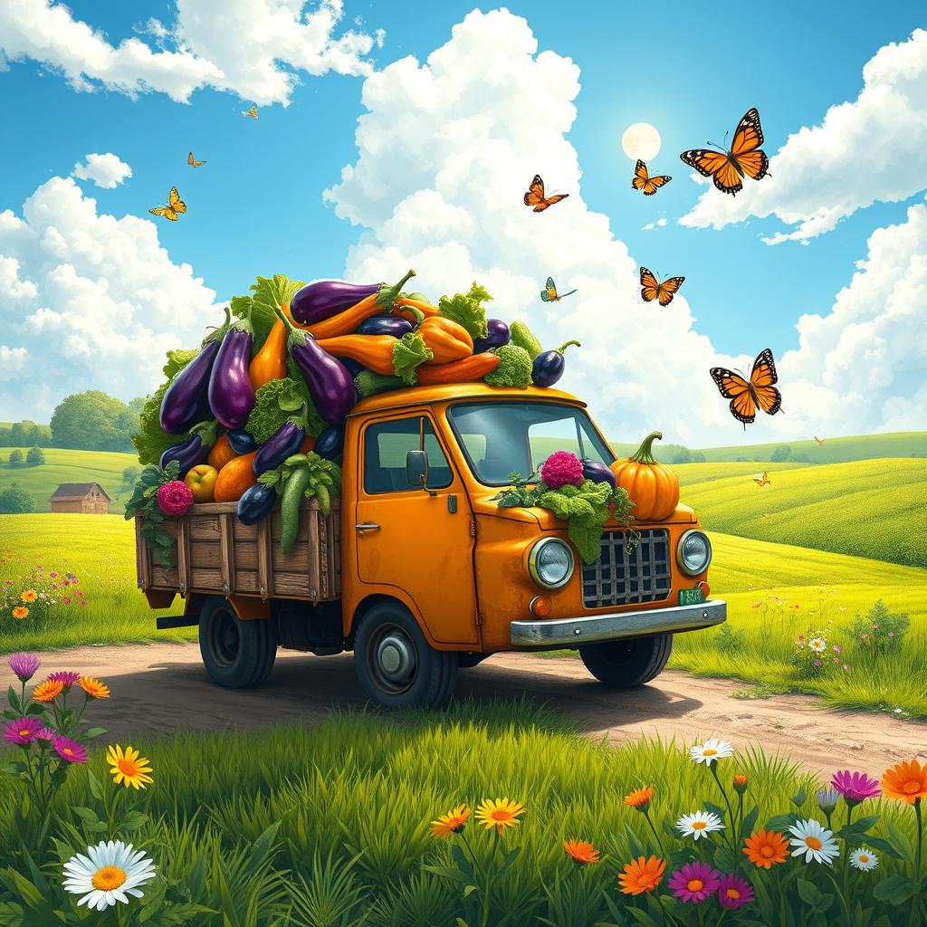 A whimsical scene featuring a vibrant, colorful truck overflowing with an abundance of fresh vegetables, particularly eggplants (known as نعیمه in Persian), set against a sunny rural landscape