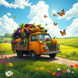 A whimsical scene featuring a vibrant, colorful truck overflowing with an abundance of fresh vegetables, particularly eggplants (known as نعیمه in Persian), set against a sunny rural landscape