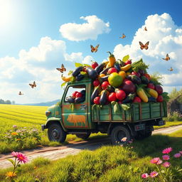 A whimsical scene featuring a vibrant, colorful truck overflowing with an abundance of fresh vegetables, particularly eggplants (known as نعیمه in Persian), set against a sunny rural landscape