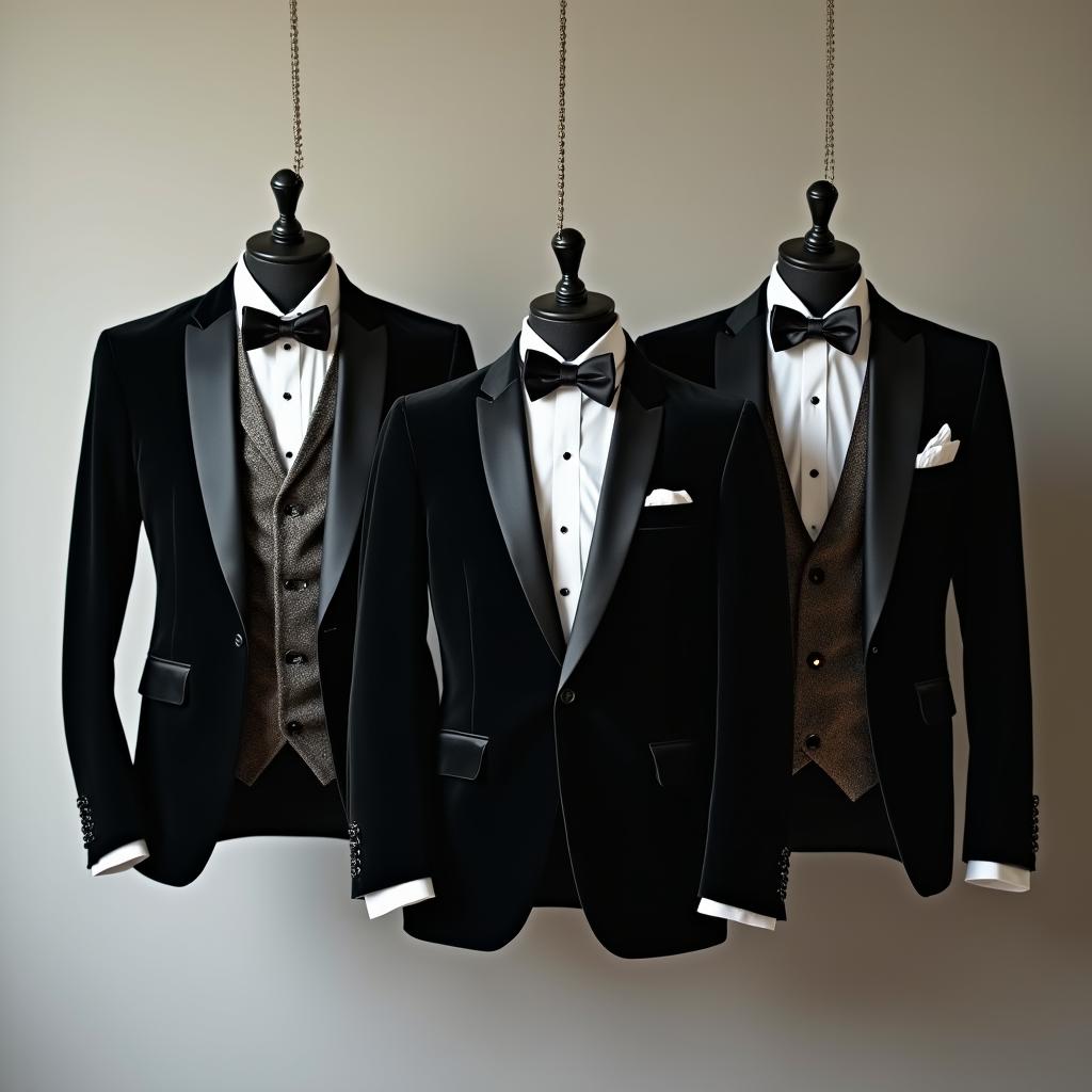 A collection of stylish tuxedos displayed prominently against a neutral background
