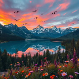 A breathtaking scene of a majestic mountain range during sunset, with vibrant orange and pink hues in the sky reflecting off the snow-capped peaks