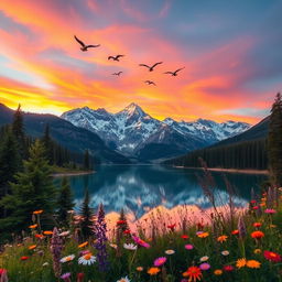 A breathtaking scene of a majestic mountain range during sunset, with vibrant orange and pink hues in the sky reflecting off the snow-capped peaks