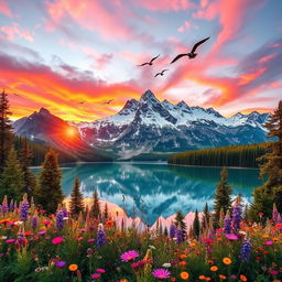A breathtaking scene of a majestic mountain range during sunset, with vibrant orange and pink hues in the sky reflecting off the snow-capped peaks