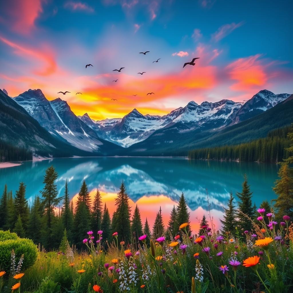 A breathtaking scene of a majestic mountain range during sunset, with vibrant orange and pink hues in the sky reflecting off the snow-capped peaks