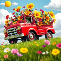 A vibrant and dynamic scene showing a vibrant red truck overflowing with colorful flowers, with a playful and whimsical design