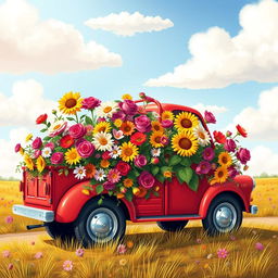 A vibrant and dynamic scene showing a vibrant red truck overflowing with colorful flowers, with a playful and whimsical design