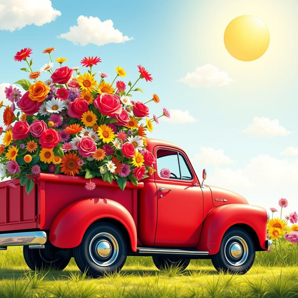 A vibrant and dynamic scene showing a vibrant red truck overflowing with colorful flowers, with a playful and whimsical design
