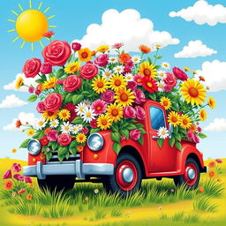 A vibrant and dynamic scene showing a vibrant red truck overflowing with colorful flowers, with a playful and whimsical design