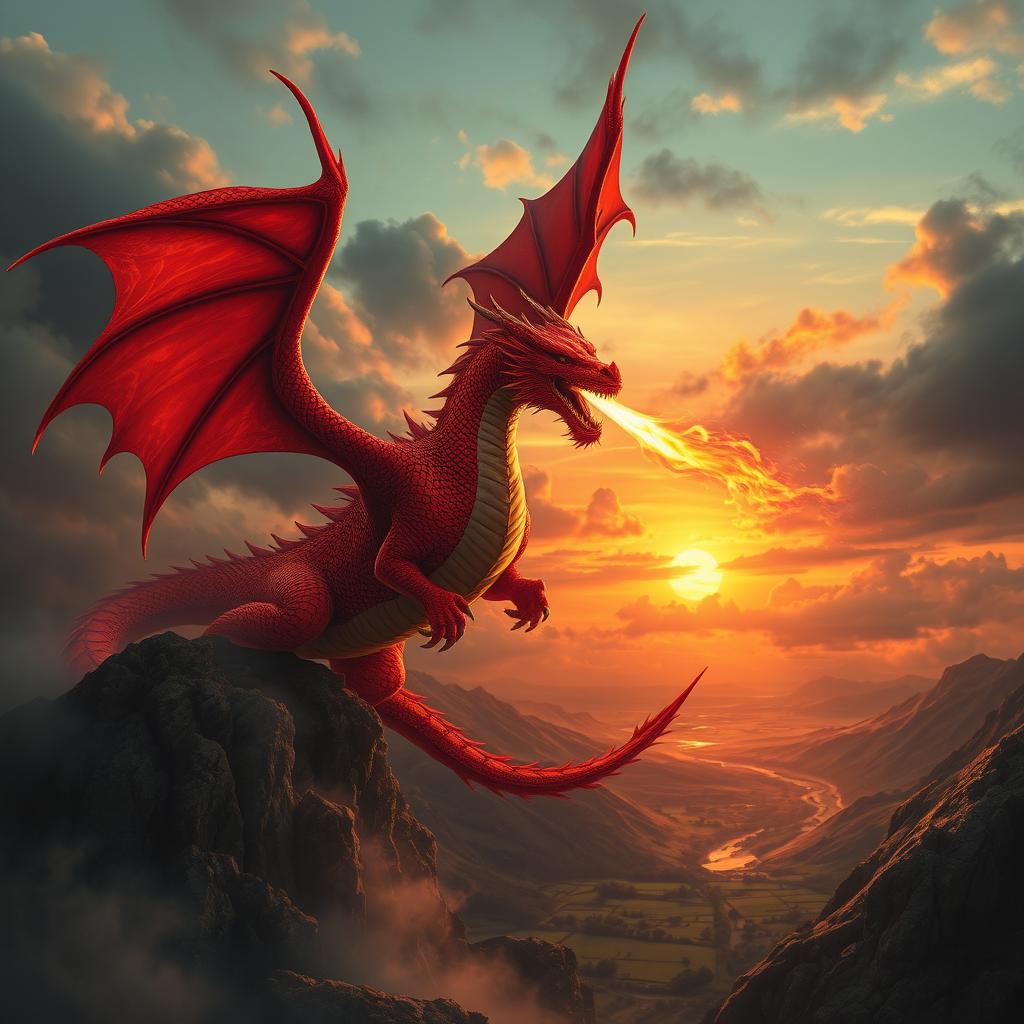 A majestic red dragon breathing fire against a dramatic sunset sky