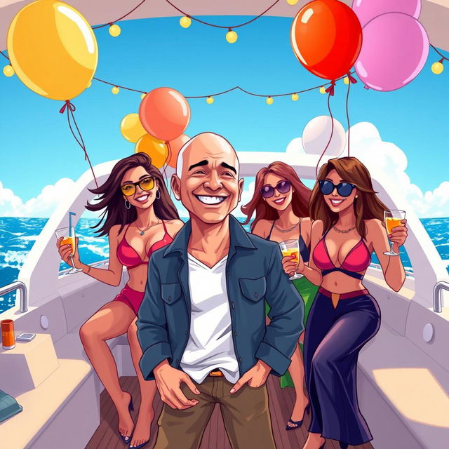 A vibrant cartoon illustration of Jeff Bezos partying on a luxury yacht, surrounded by stylish, attractive women