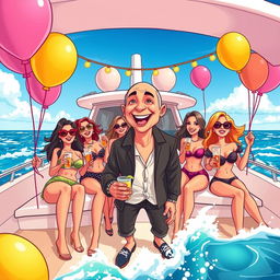 A vibrant cartoon illustration of Jeff Bezos partying on a luxury yacht, surrounded by stylish, attractive women