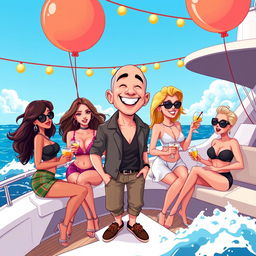 A vibrant cartoon illustration of Jeff Bezos partying on a luxury yacht, surrounded by stylish, attractive women