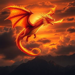 A stunning fire dragon soaring through a dramatic sunset sky, its scales shimmering with hues of orange, red, and gold